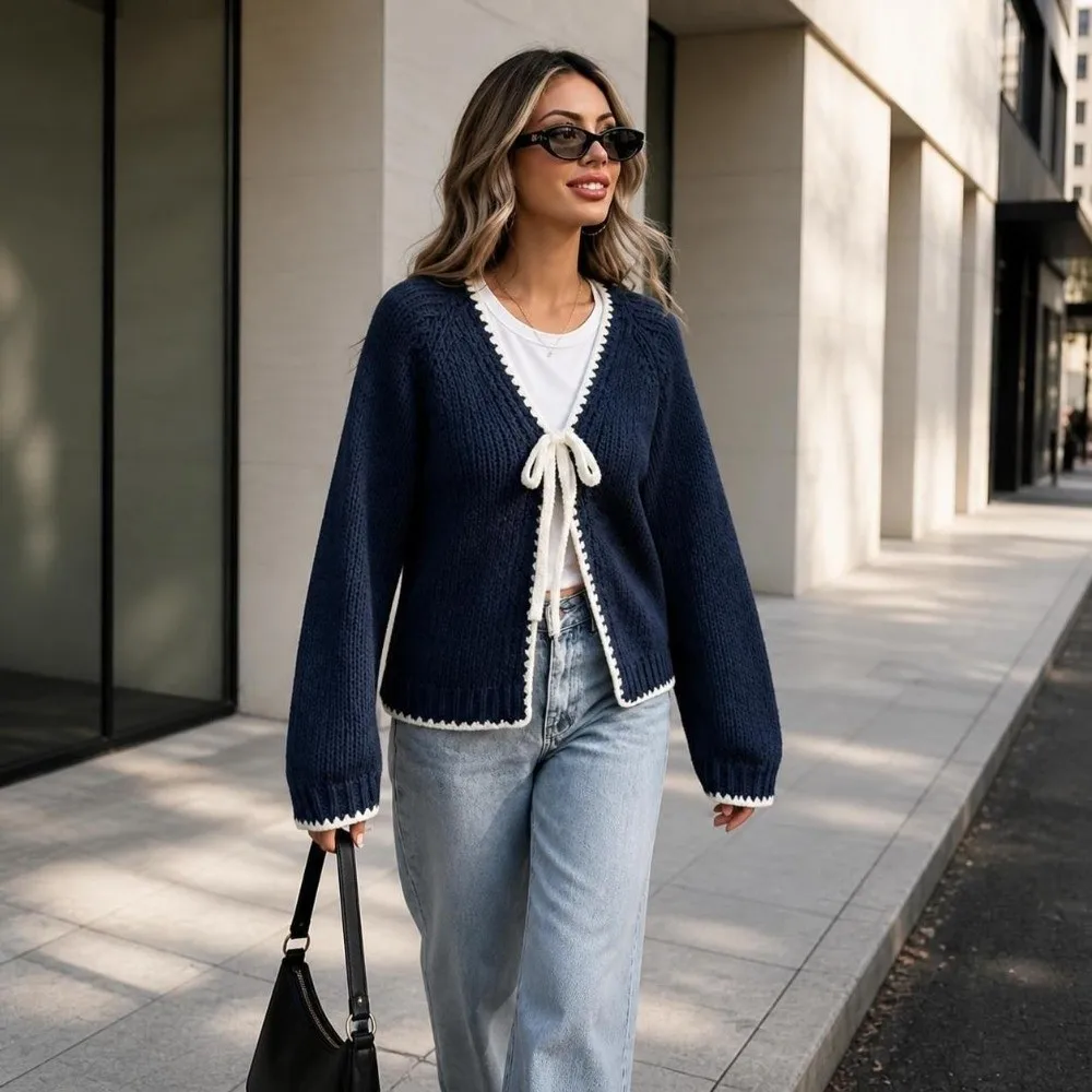 Gemütlicher, locker geschnittener Strickcardigan mit langen Ärmeln, bequemer Cardigan-Pullover mit V-Ausschnitt und Bindung, Damen-Cardigan-Oberbekleidung – Detail 5