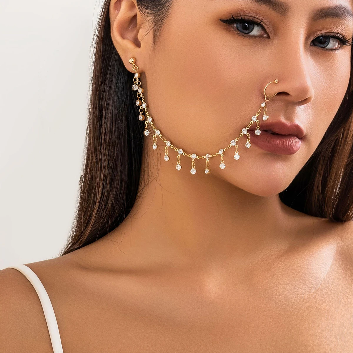 Punk Women Earring Geometric Tassel Chain Indian Imitation Nose Chain Earring Nose Clip Piercing Jewelry