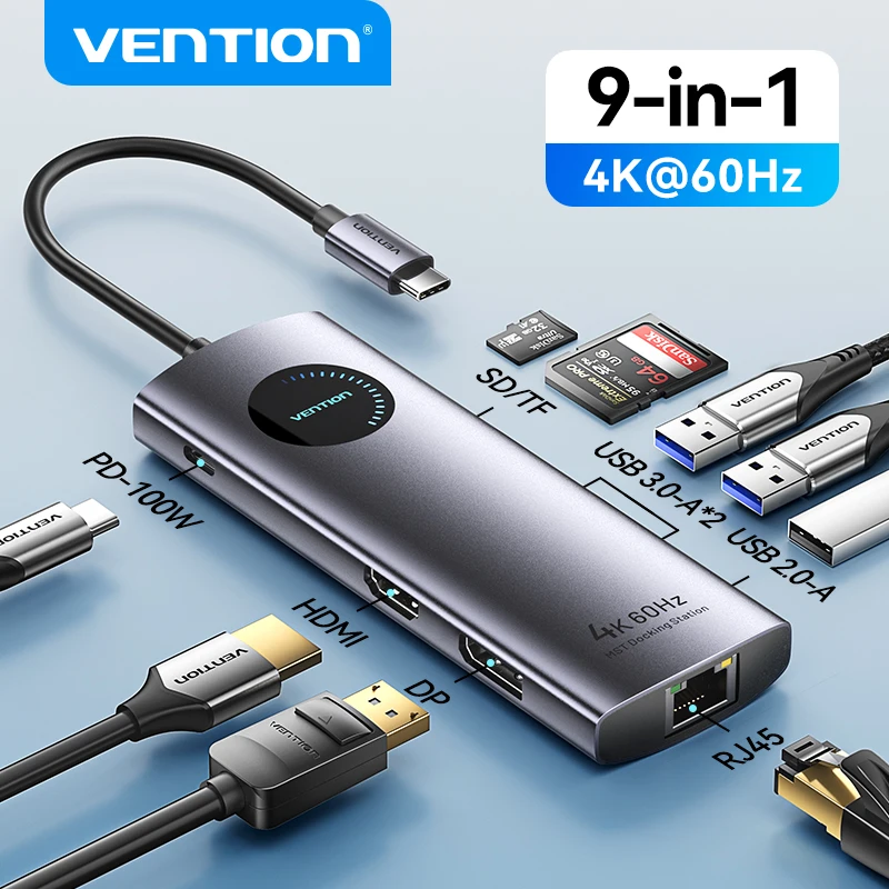 

Vention Dual HDMI USB C HUB DP Adapter 4K60Hz 9 in 1 Splitter with RJ45 USB3.0 PD100W MST Dock for MacBook Pro Air M2 M1 USB HUB