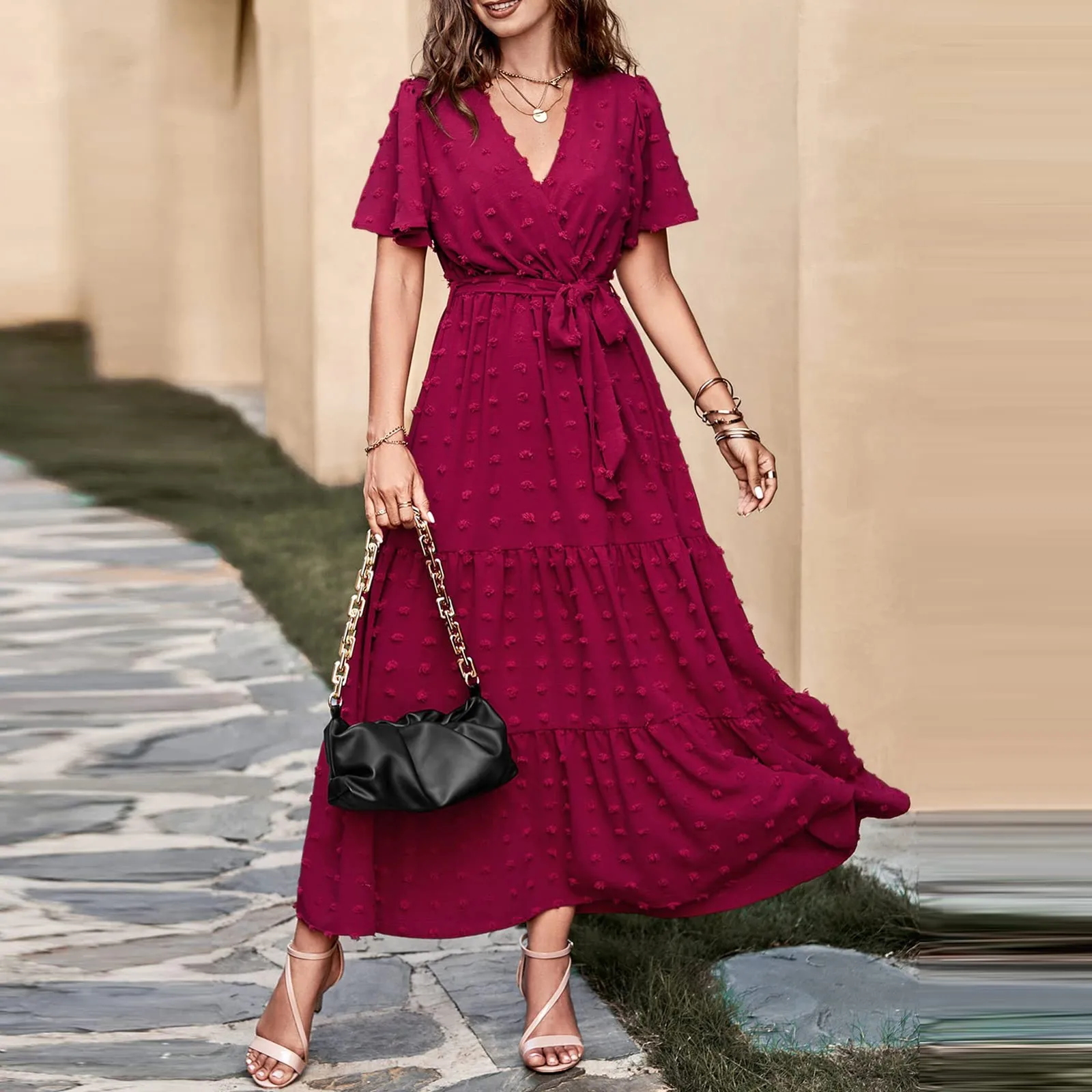 

Women Maxi Dresses Casual 2024 Pom-pom Dot Summer Party Dresses V-neck Belt Ruffles Dress Women Clothes Sold Vestidos