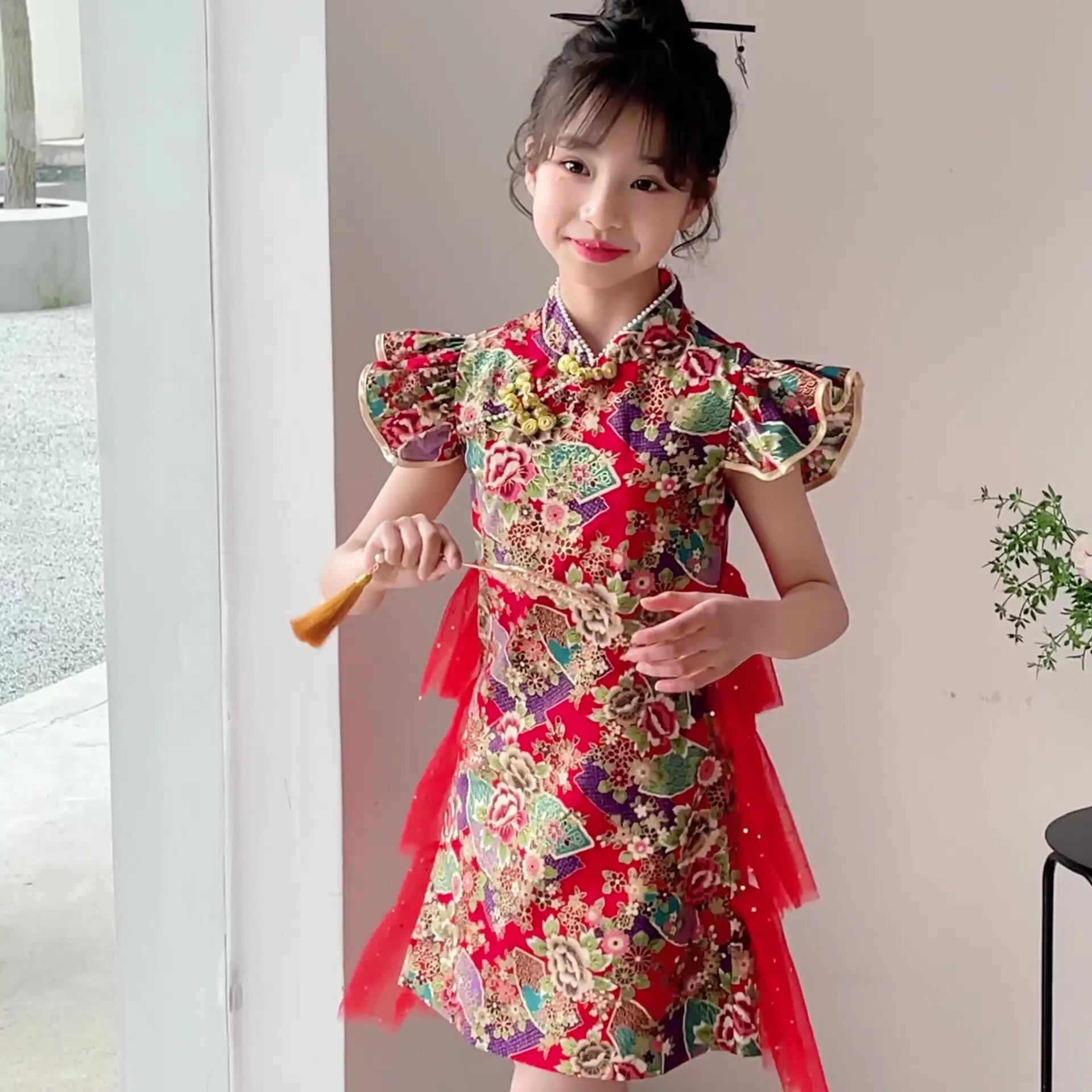 2026 summer Kids Girls solid chinese temple fair Cheongsam Qipao Princess Teenager New Year Dress Clothing 4 8 9 10 12 14 Years
