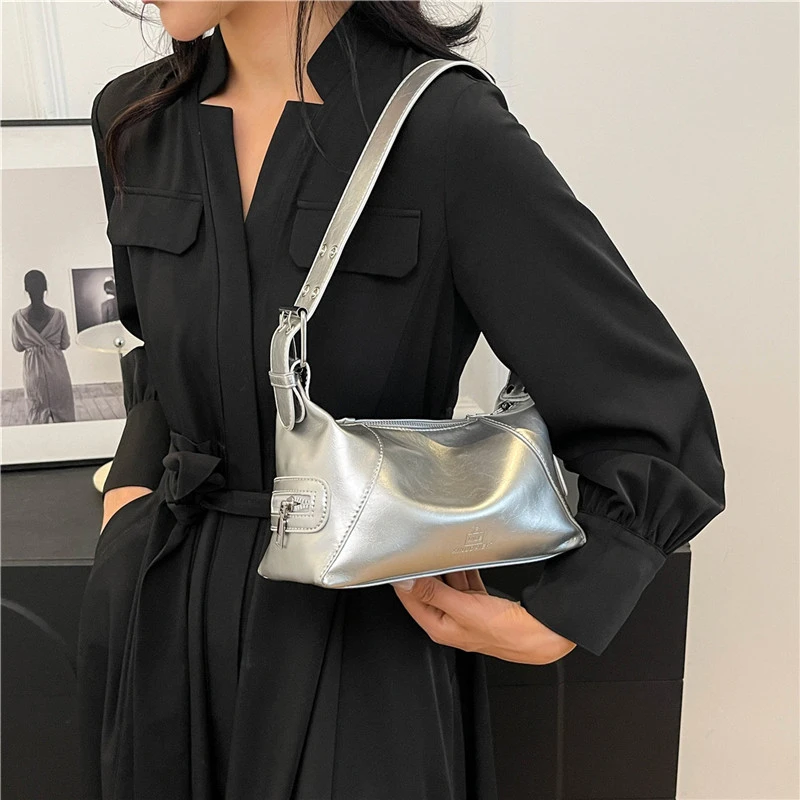 Luxury Silver Leather Bag For Women 2024 Korean Style Fashion Underarm Shoulder Bag  Red Black Female Handbag Tote Armpit Purse