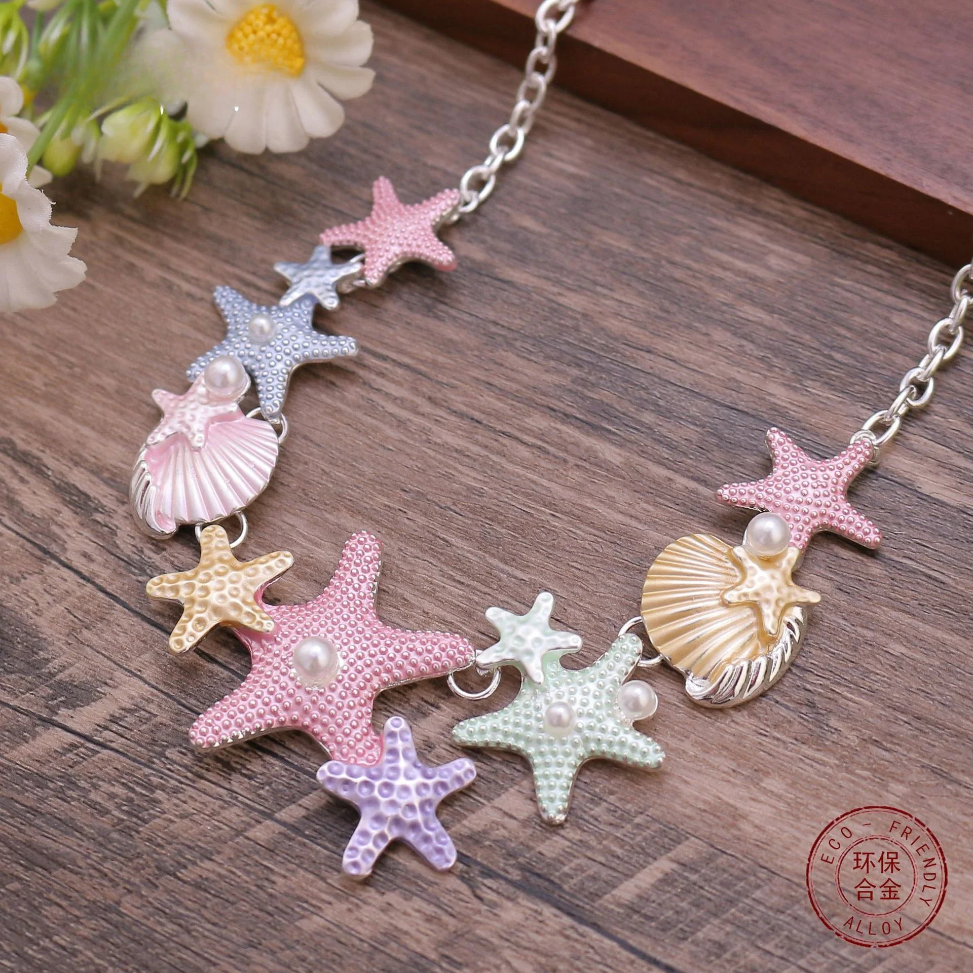 Popular color painting oil shell starfish necklace, small fresh, sweet and cute lady versatile starfish necklace