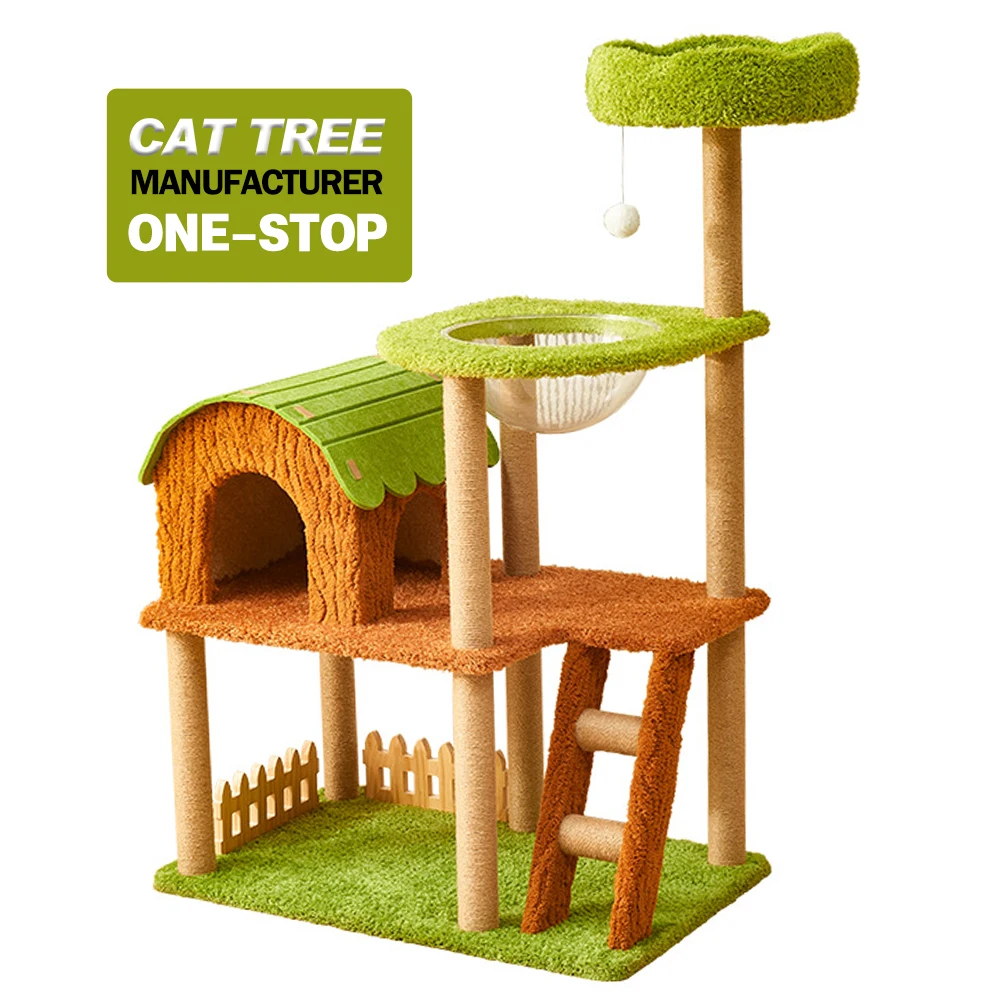

Wholesale Sisal Short Plush Cat Tree House Luxury Toy Wooden House Cat Scratcher Tree Cat Tower
