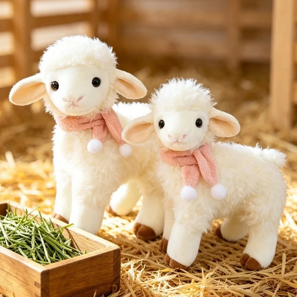 26cm 31cm Standing Sheep Plush Toy Soft Curly Fur White Pompom White Lamb Stuffed Doll Pink Scarf Stuffed Animal