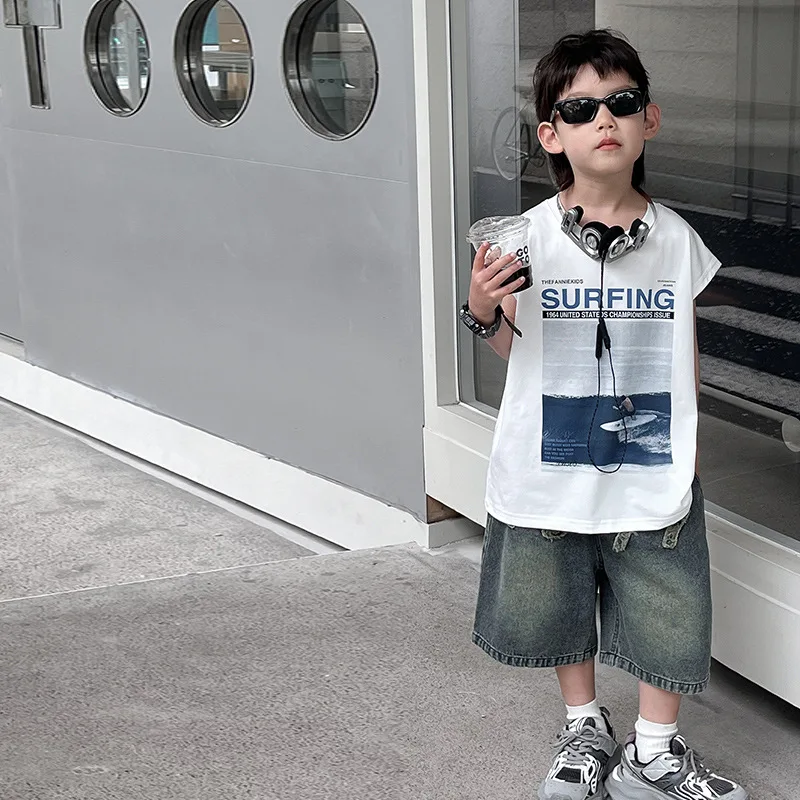 Boys Shirts Chlidren Clothes Summer Wear 2024 Children Korean Style Fashion Boys Sleeveless Top Letter Printed Boy Shirts