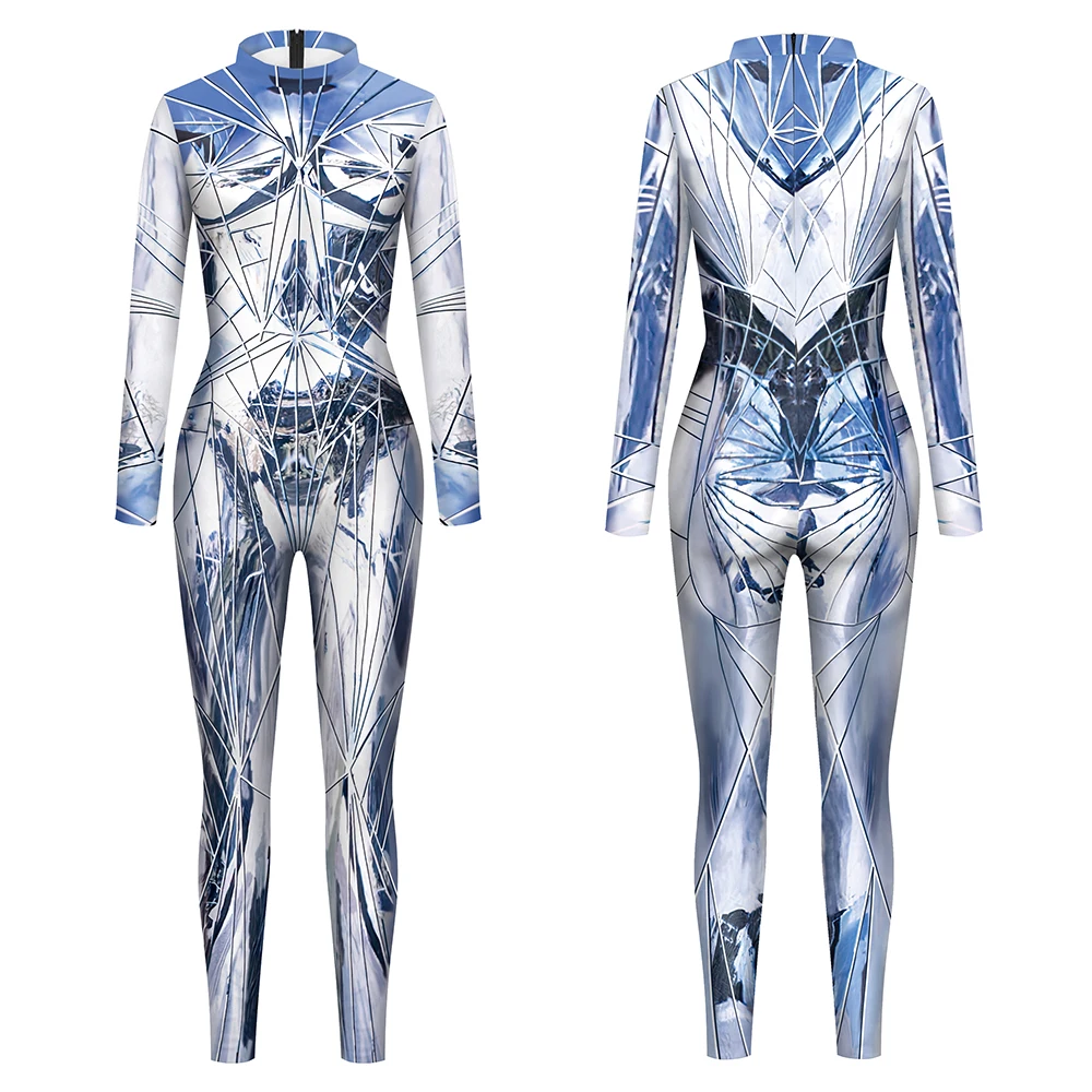 عاكس نمط الفضة روبوت تأثيري بذلة النساء هالوين زي حفلة ثلاثية الأبعاد الرقمية المطبوعة Zentai Catsuit كرنفال الزي #5
