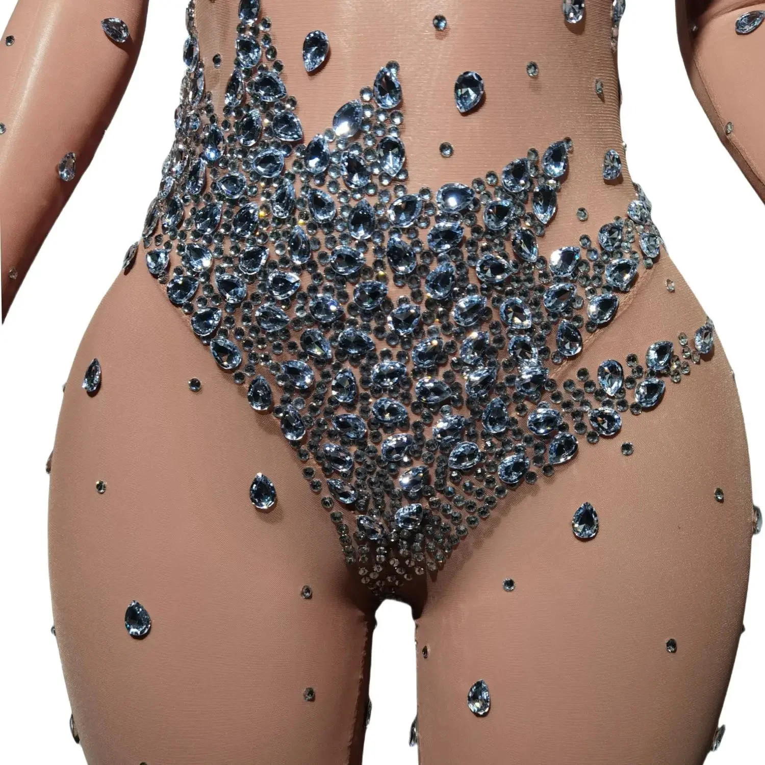 Sexy Perlen Strass Stretch transparente Overall Frauen Abend Geburtstag feiern Outfit sexy Tänzer Bodysuit Bühnenshow tragen