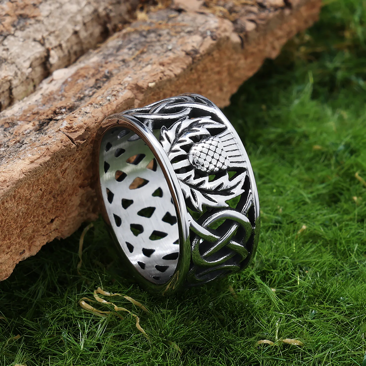 LNCHRAN Herrenring aus 316L-Edelstahl, silberfarben, mit Distel- und keltischem Knoten, durchbrochenes Band, Vintage-Schmuck, Geschenk für Männer – Detail 5