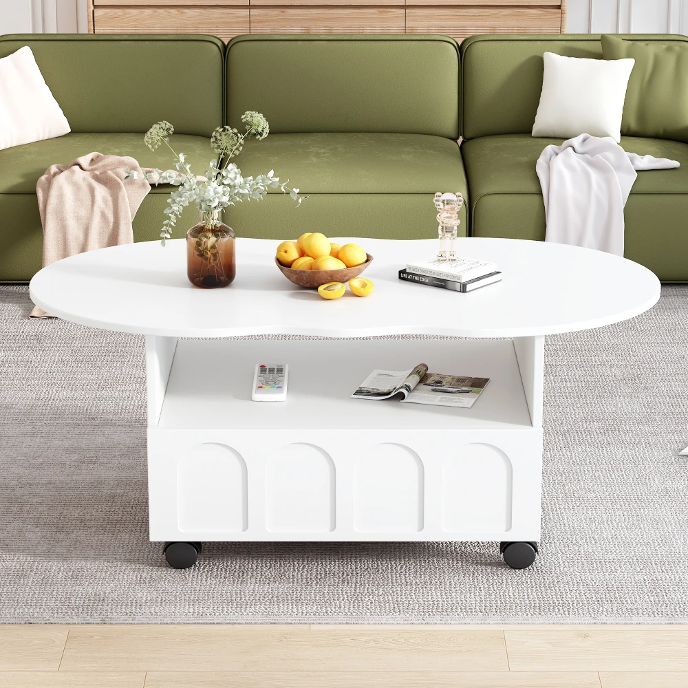 Flexible Cream Style Coffee Table with 2 Brake Wheels, Cloud Top Side Table with Drawer, Irregular Center Table, 39.37''x 23.6''