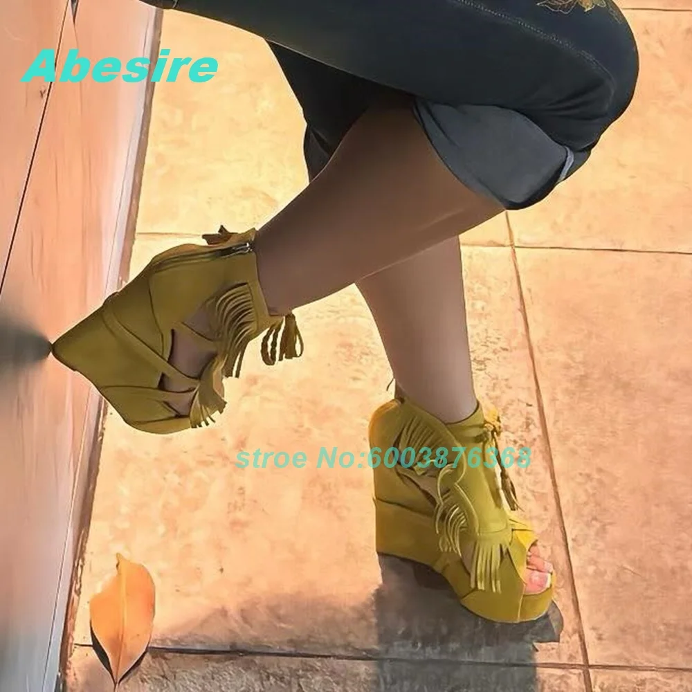 Bohemia Yellow Fringe Wedges Heel Sandals Women Peep‑Toe Cut‑Out Platform Women's Sandals Lace‑Up Summer Festival Vacation Shoes