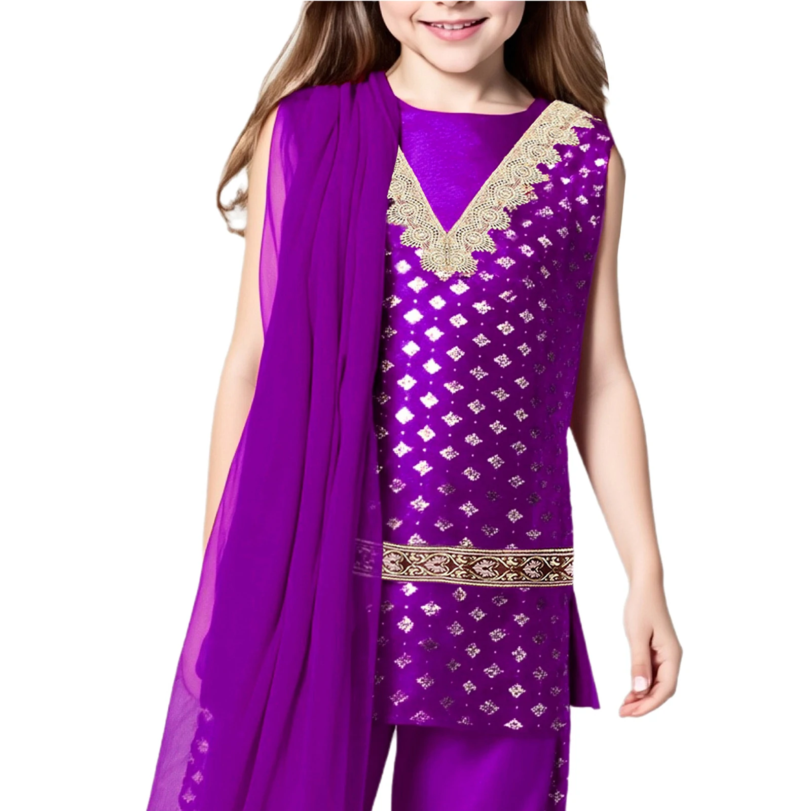 

Girls Indian Ethnic Embroidered Suit Metallic Floral Print Tops Sleeveless Sides Slit Back Zipper Satin Scarf Dress Up Costume