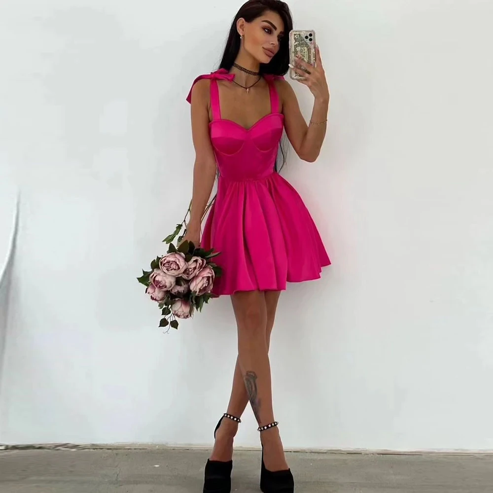 

Hot Pink Short Prom Dresses A Line Sweetheart Sleeveless Girl Birthday Evening Party Dress Satin Formal Gown Robe De Soirée