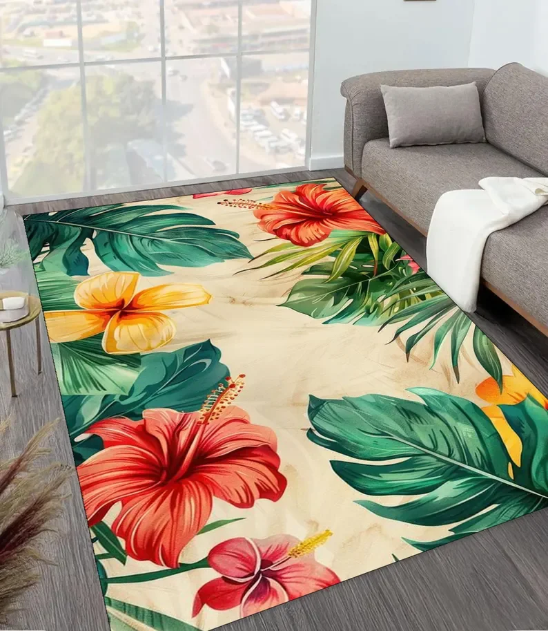 Tropical Hibiscus Floral Carpet Patio Summer Decor Balcony Garden Rug Green Leaf Print Red Orange Flower Rug Outdoor Floor Mat