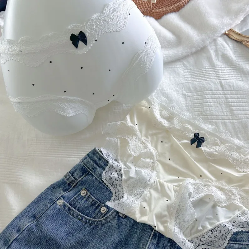 SP & CITY ฤดูร้อน Vintage Dots ลูกไม้หวานกางเกงผู้หญิงกลางเอวผ้าฝ้ายผ้าไหมน้ําแข็ง Breathable ชุดชั้นในกางเกงไม่มีรอยต่อ