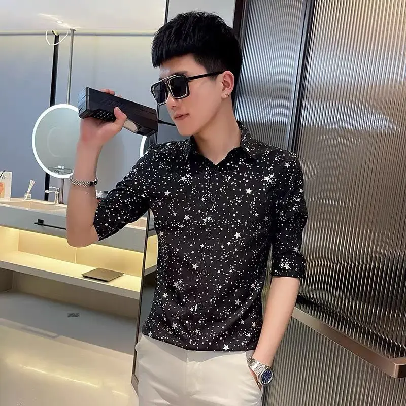 

Men Long Sleeve Shirt Autumn Ins Trend Korean Style Stylish Top 2026 New Arrival Trendy Men Barber Hairdresser Shirt