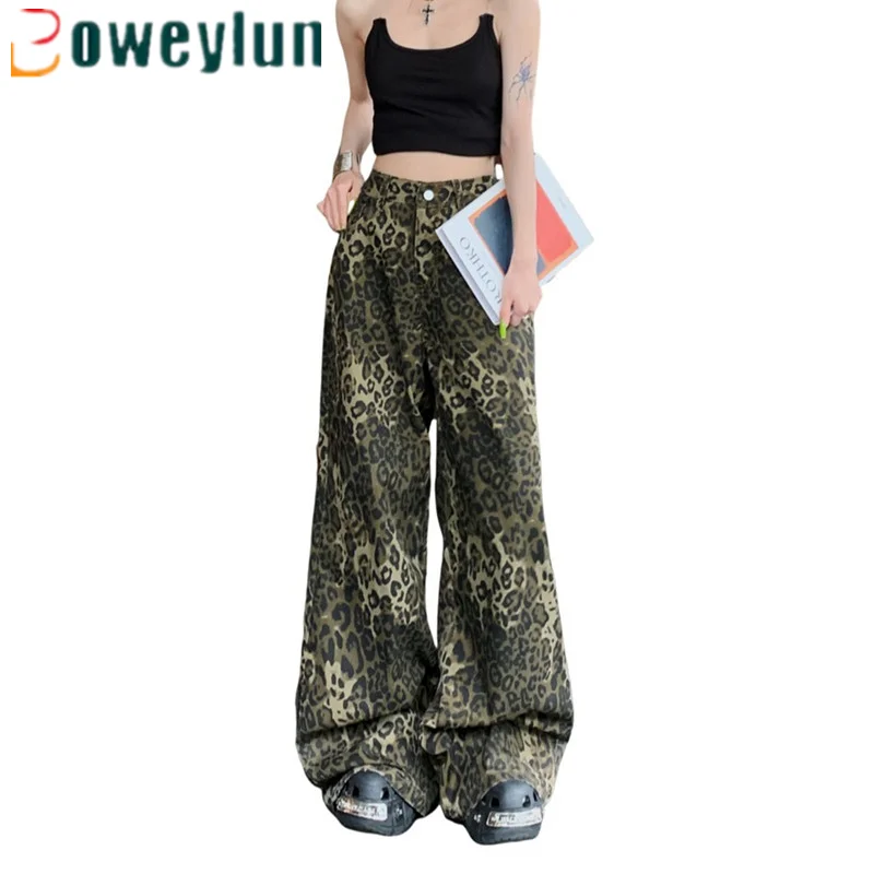 Boweylun American Style Retro Leopard Jeans Women Spring and Autumn Loose Hip-hop Style Denim Straight Wide-leg Pants Female