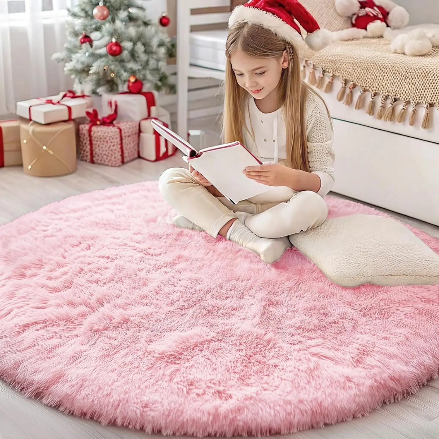 Rosa runder Teppich für Mädchenschlafzimmer, flauschiger kreisförmiger Teppich für Kinderzimmer, pelziger zotteliger Teppich für Wohnzimmer 100/120/140/160