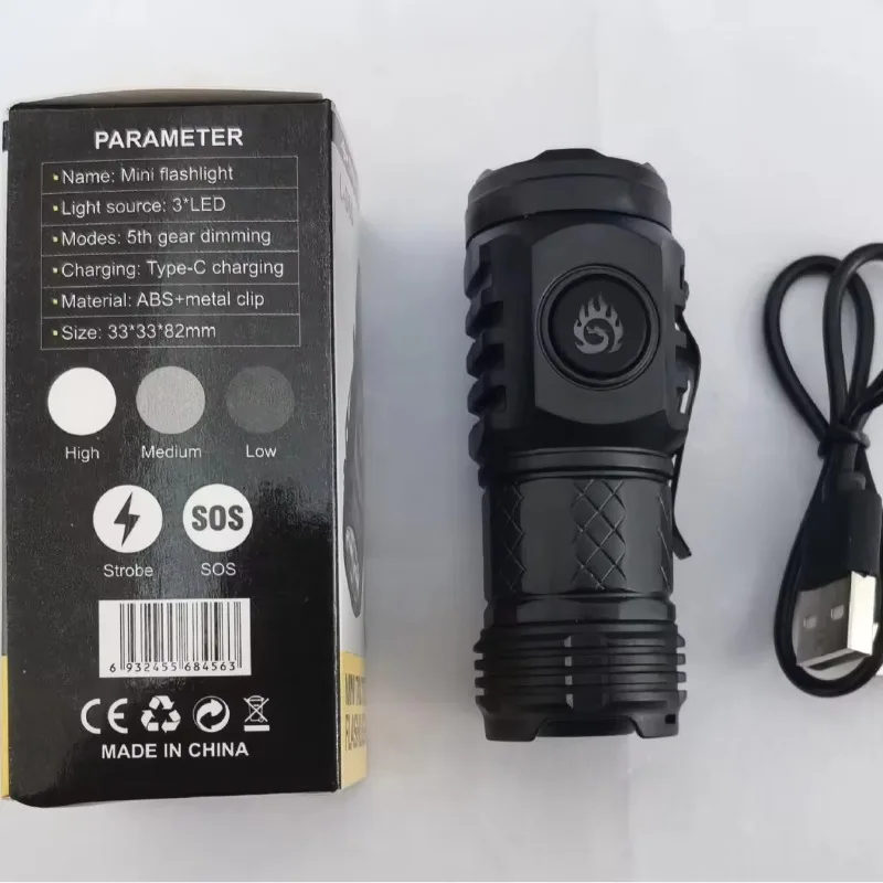 Mini flashlight Tactical Torch Super Bright 3 LED Flashlight Type-C Rechargeable Camping Light ABS with Metal Clip Hiking Lamp