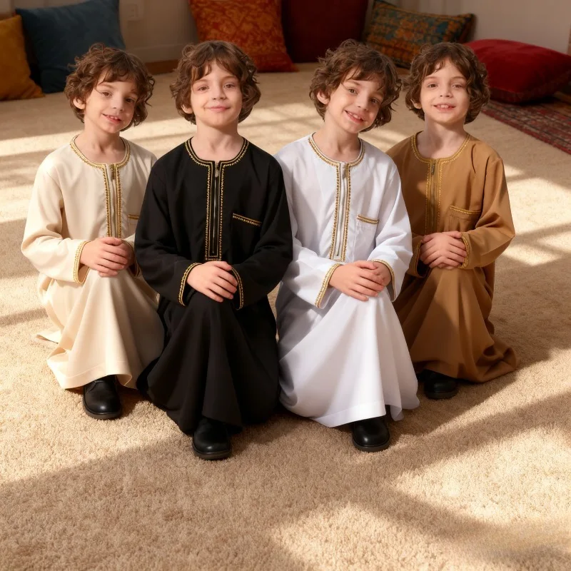 

Мусульманский молитвенный халат для мальчиков, арабская исламская одежда с длинными рукавами, простой длинный халат-платье для подростков