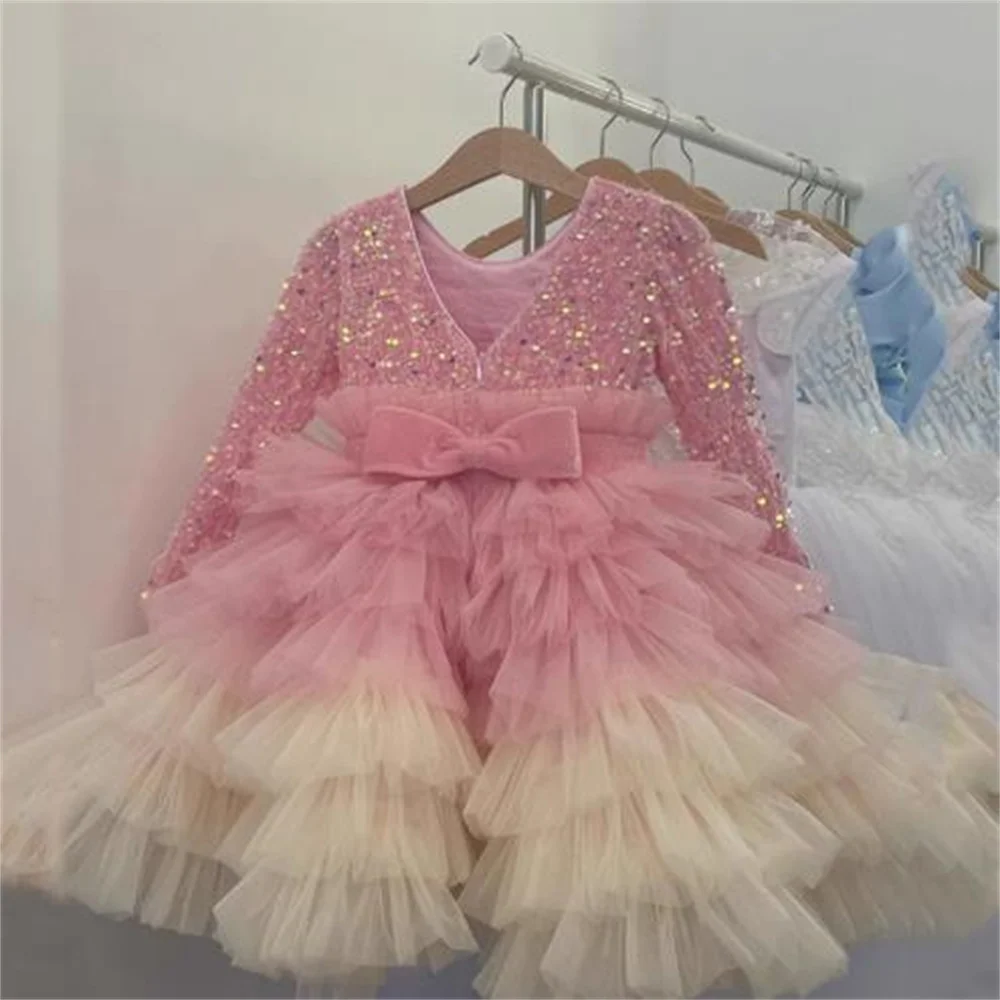 Girl Dresses Ball Sparkly Sequins Beaded Party Princess Kids Pageant Gowns Piano Performance First Communion Dresses