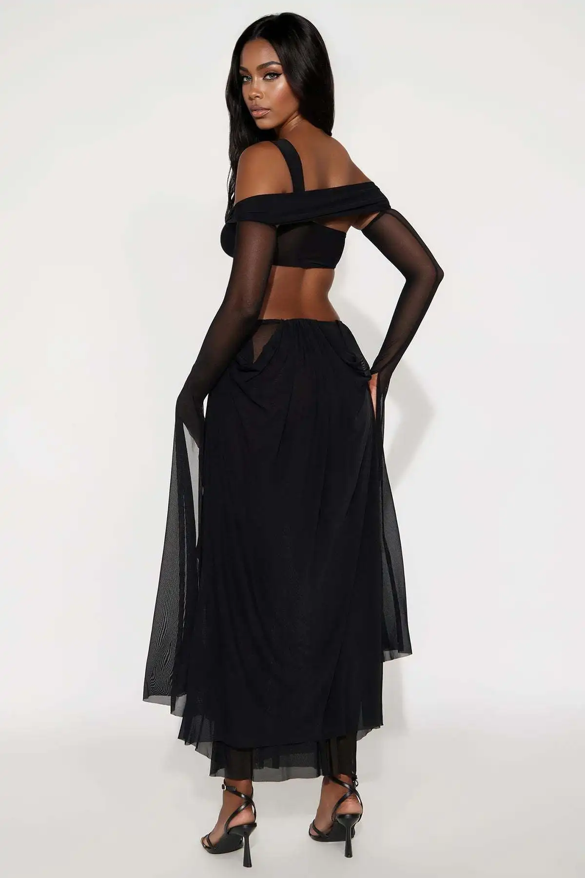 Abito lungo con ritaglio monospalla Abito da sera in maglia trasparente da donna Elegante abito da ballo formale aderente increspato 2026 Nuova moda