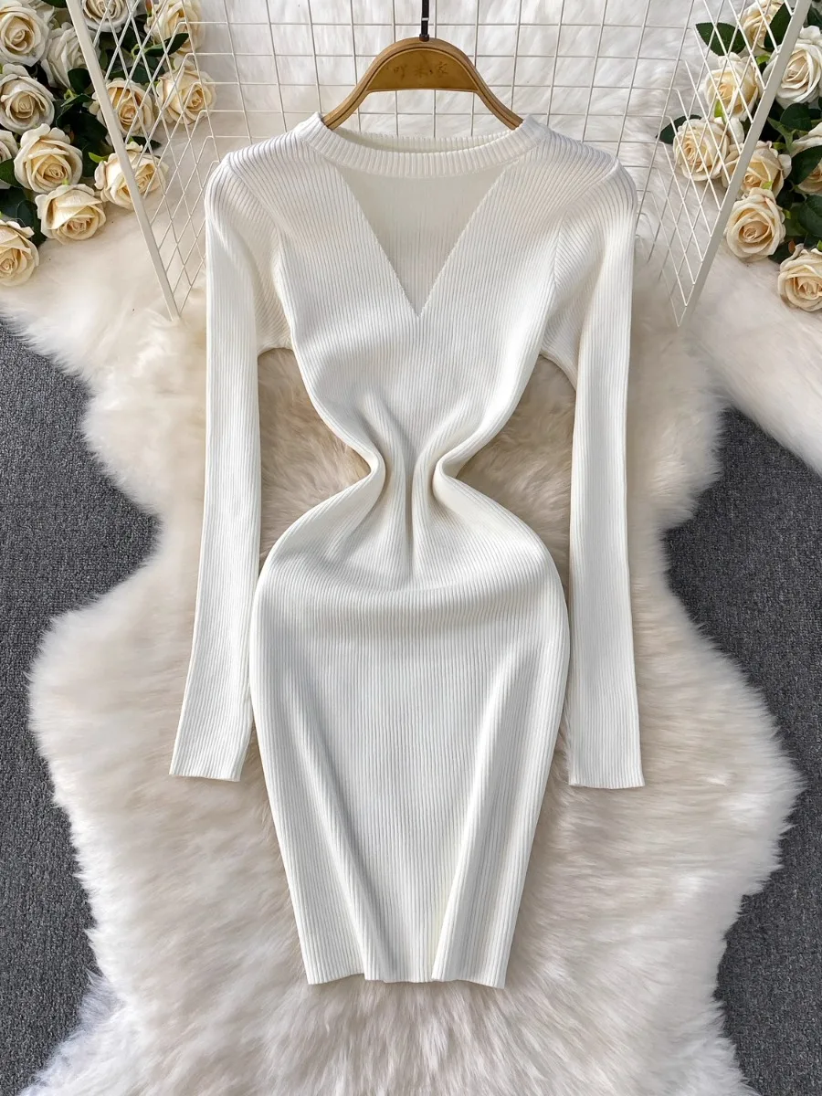 Foamlina Feminine Sexy Sheer V Neck Long Sleeve Knit Dress Women Winter Body Sculpting Slim Fit Bodycon Midi Skirt