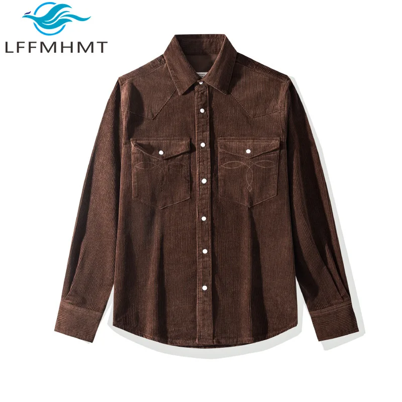 Good Quality Vintage Corduroy Shirt for Men Solid Color Long Sleeve Simple Basic Cowboy Blouse Multi Pockets Retro Style Tops