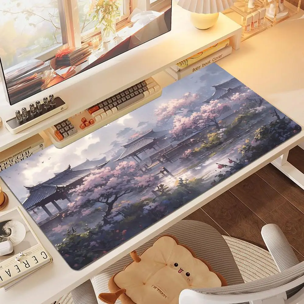 Large Gaming Mouse Pad Chinese Style Cherry Blossom Mountain Landscape Ancient Building Non-Slip Rubber Desk Mat Keyboard Mat