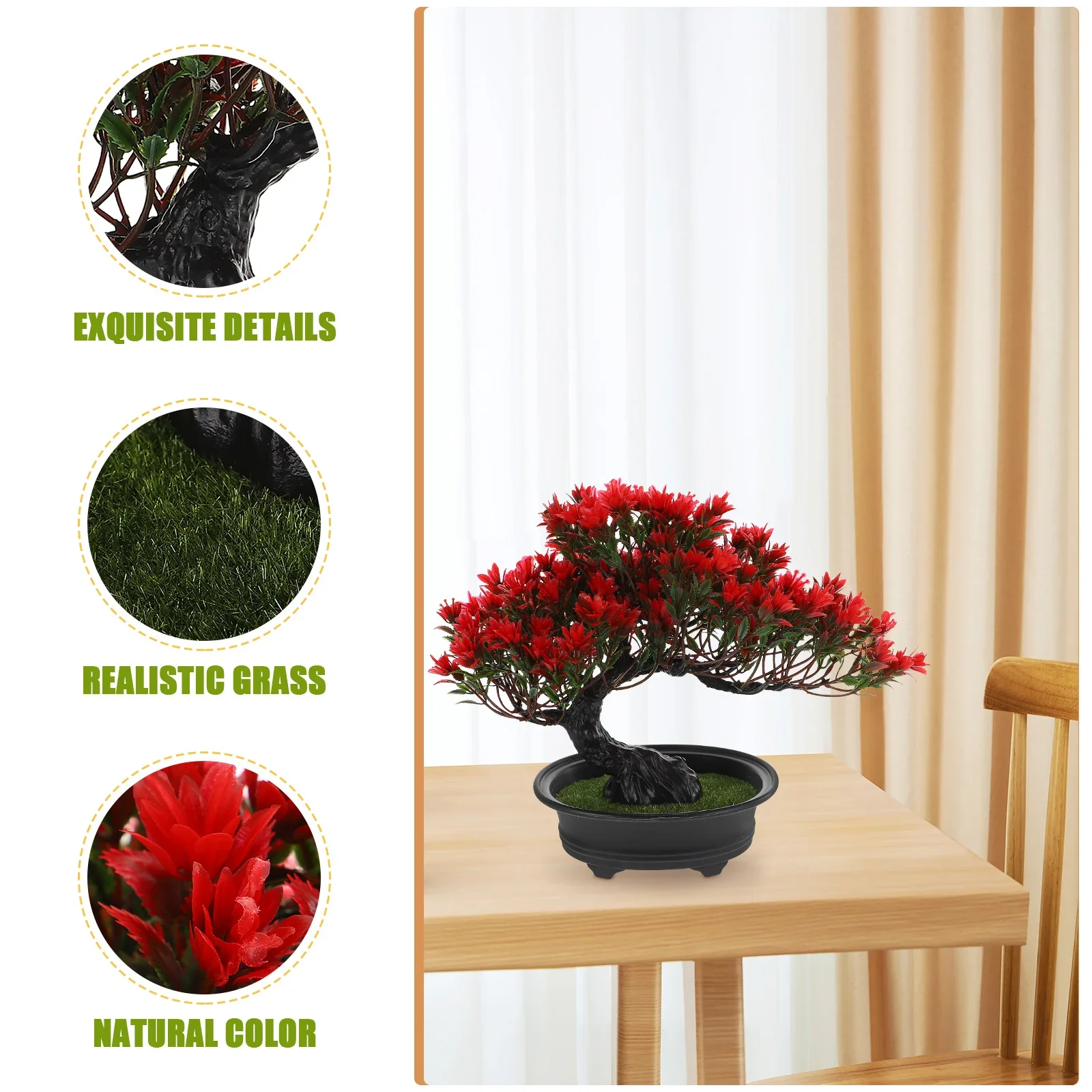 Realistischer künstlicher Miniatur-Bonsai-Baum aus roter Kiefer, immergrüne, pflegeleichte Kunstpflanze für die Dekoration von Schreibtischen und Regalen im Büro oder Zuhause. – Detail 20