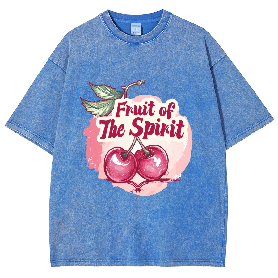 Fruit Of The Spirit Y2k Washed Short Sleeve T-Shirt, Creative Printed Unisex Vintage Streetwear New Fashion Casual Tee Plus-Size