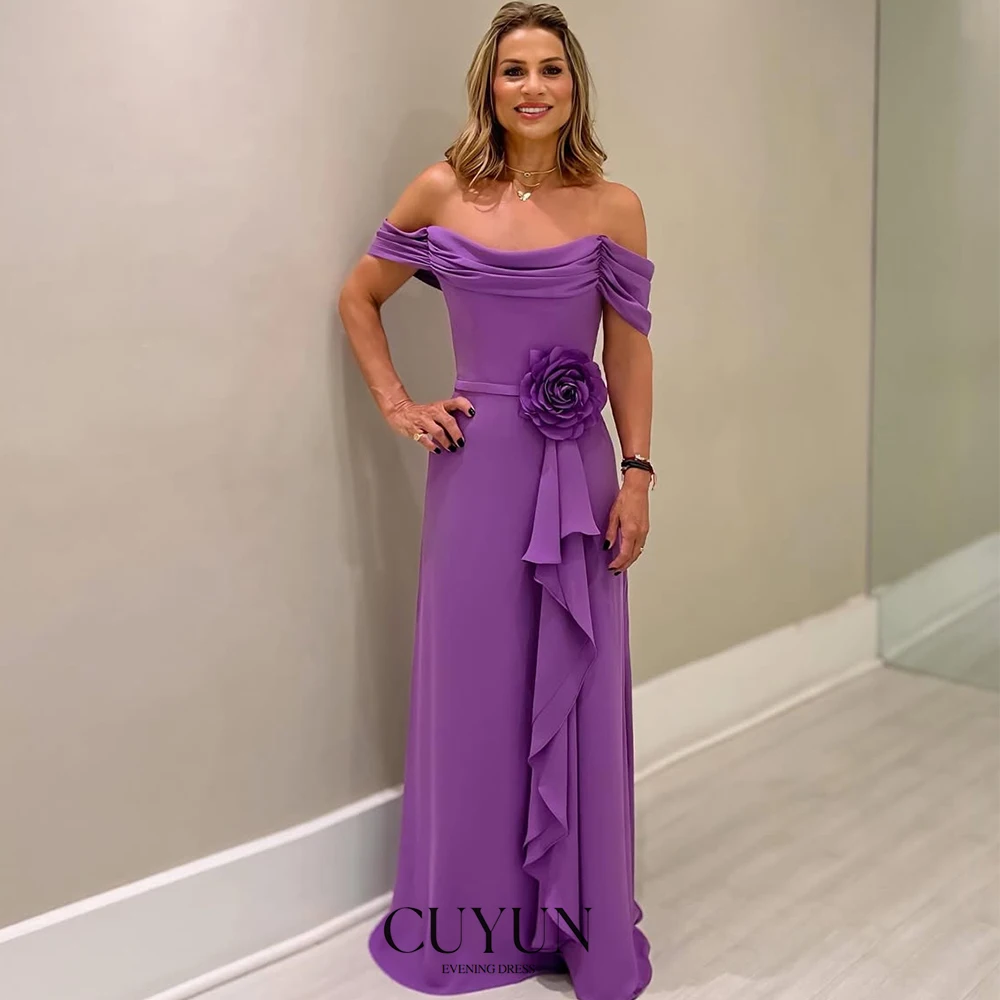 

CUYUN Purple Elegant Evening Dresses Women Off the Shoulder 3D Flower Draped Party Gown Customized A Line Prom Dress for Mother