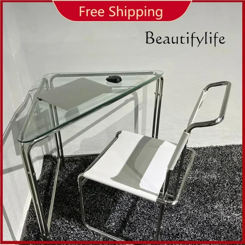 N49 X Corner Table Simple Triangle Nook Computer Electroplated Metal Small Apartment Desk Stainless Steel Light Luxury Home Furn