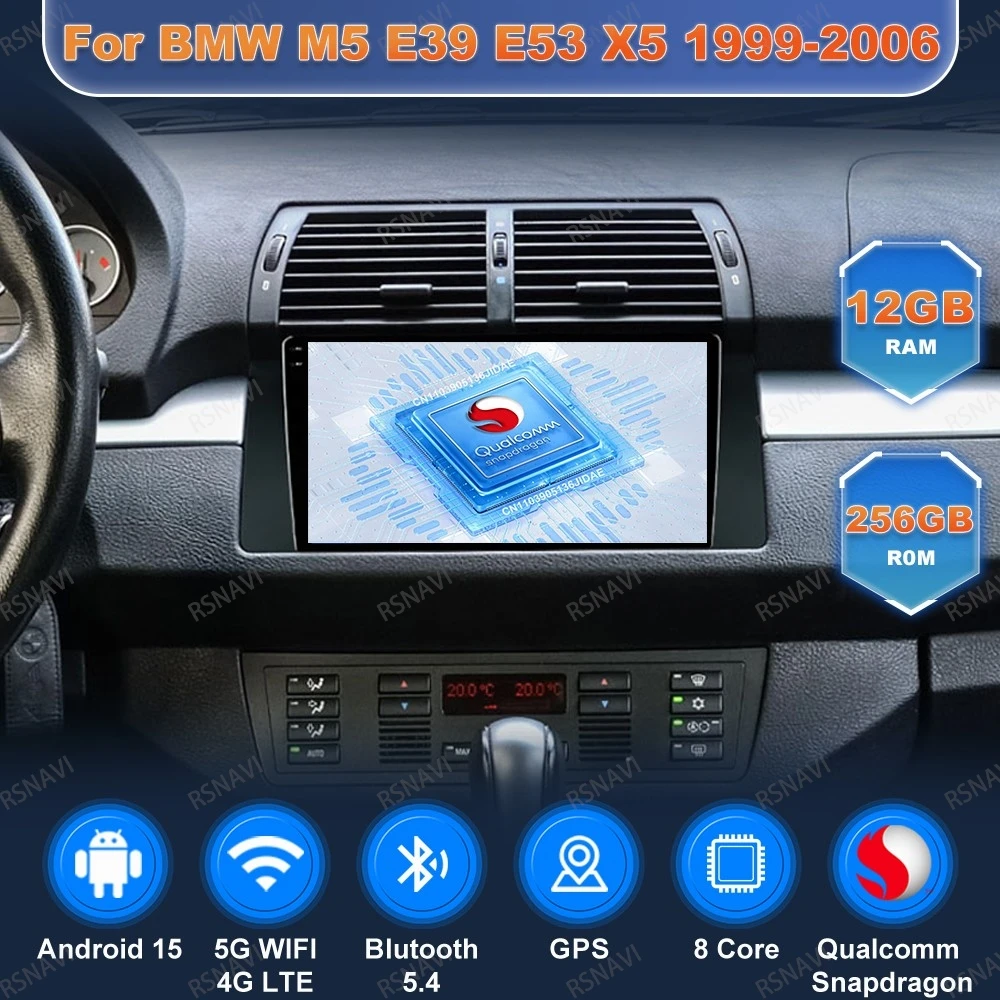 

Car Radio Andoird 15 For BMW M5 E39 E53 X5 1999-2006 Wireless Carplay Auto 5G WIFI BT Stereo GPS 4G LTE DVD Head Unit Navigation