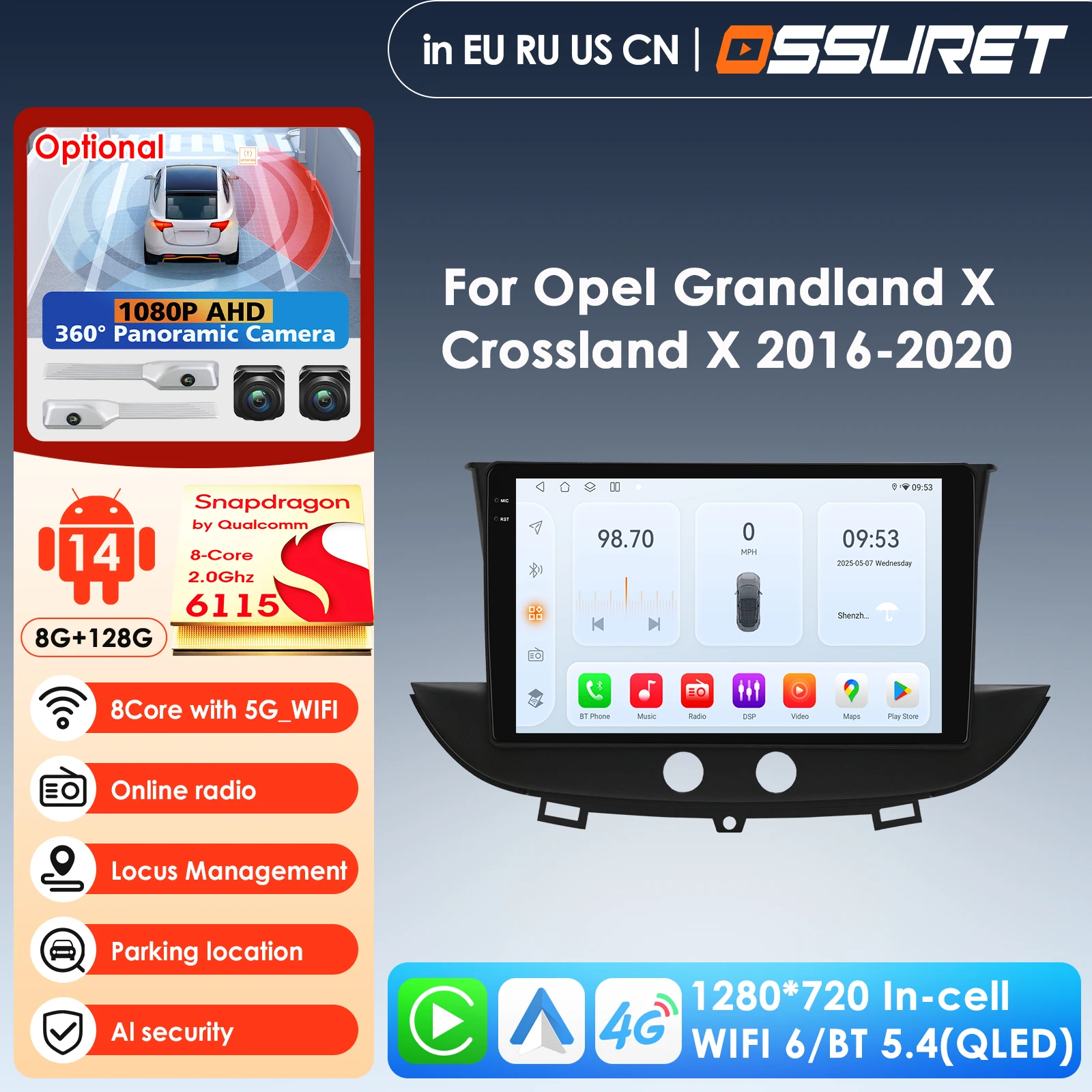 

9-дюймовый мультимедийный проигрыватель для автомобиля с Qualcomm Snapdragon 4G LTE, CarPlay и Android для Opel Grandland X 2016-2020, Crossland X, GPS-стереосистема