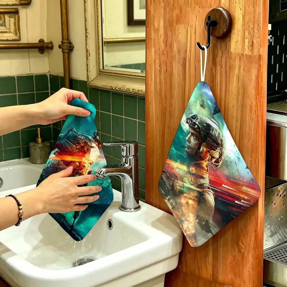 B-Battlefield 6 Cool Game Polyester Cotton Hand Wiping Towel, Hanging Design, Durable for Household Restaurant Toilet Use