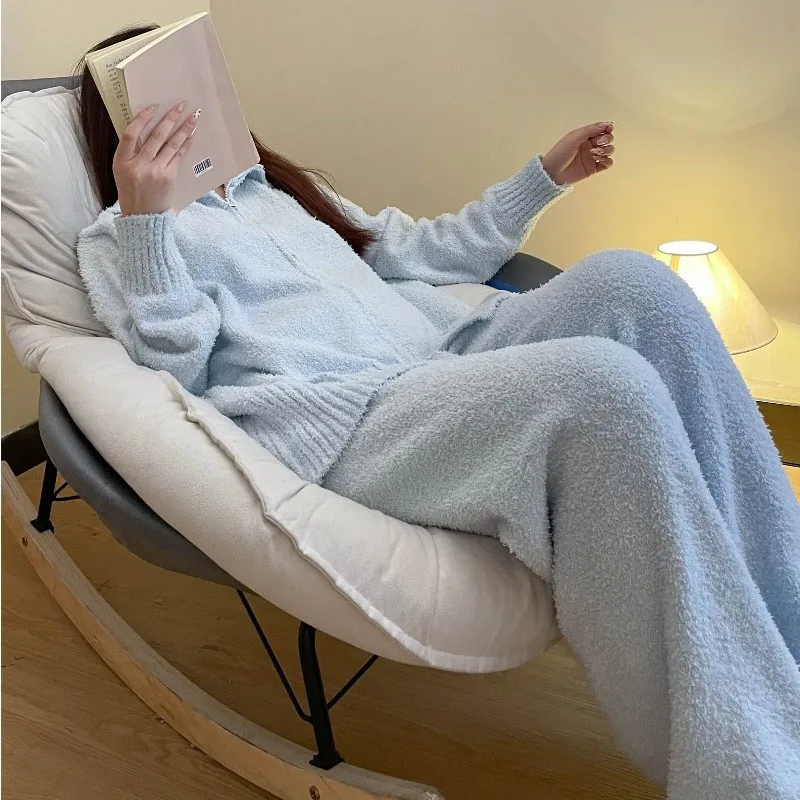 

Минималистичный синий флисовый пижамный комплект для женщин 2026, зимняя толстая теплая одежда для сна, мягкая плюшевая одежда на молнии для дома, уютная домашняя одежда для ночи