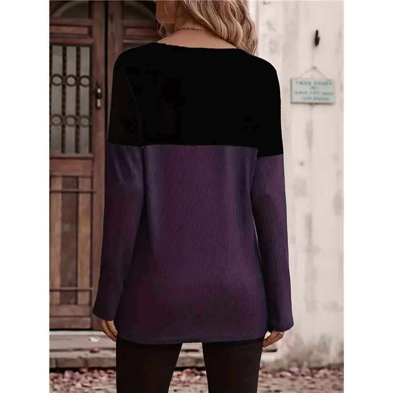 AOAO-Camisas de punto tipo gofre para mujer, camiseta de manga larga con bloques de colores, túnicas con detalle de botones