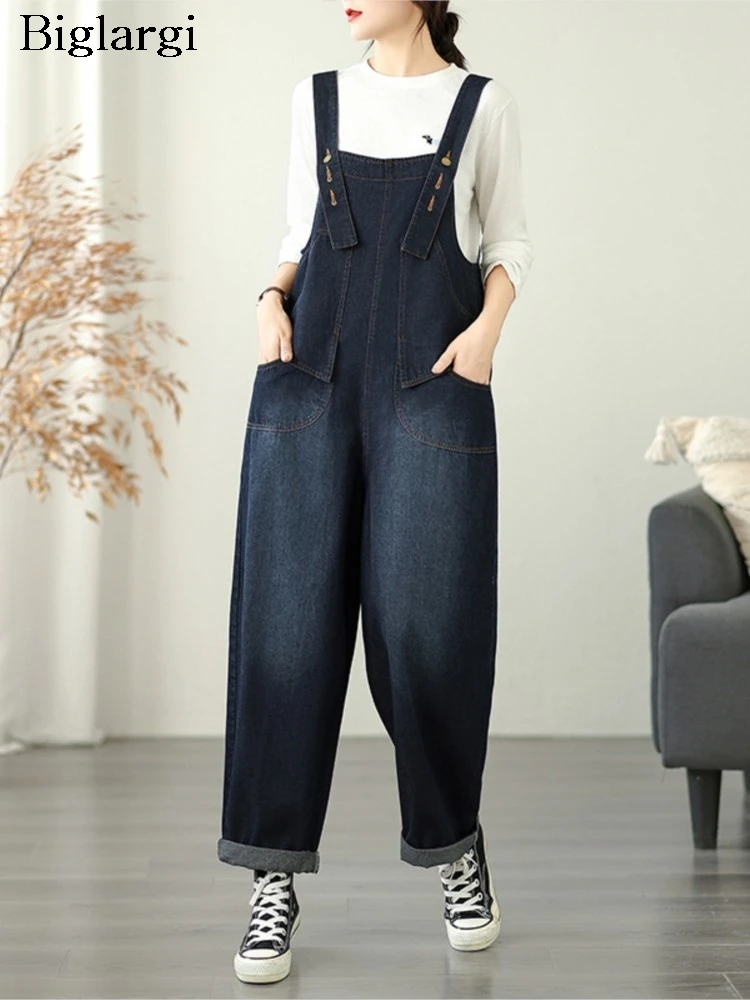 

Джинсы большого размера, осенние комбинезоны в стиле ретро, женские свободные широкие модные женские комбинезоны, брюки, повседневные женские брюки