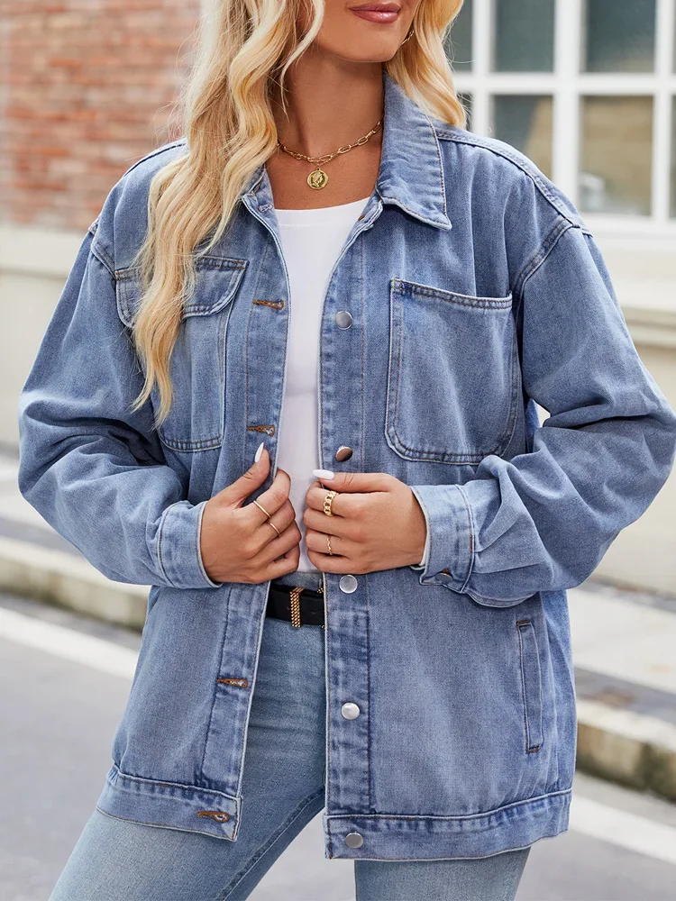 Single Breasted Oversized Denim Jacket Women Spring Fall Vintage Washed Casual Jean Coat Loose Outwear with Pockets