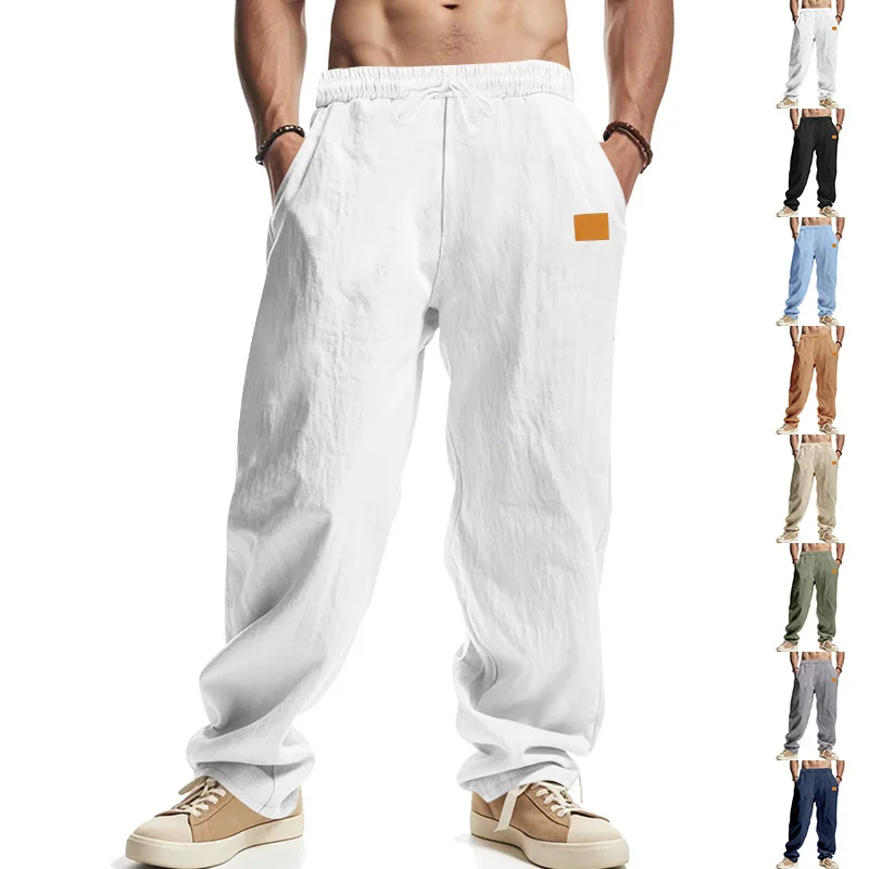 

Cross-border independent station new product summer men's linen casual pants wide-leg breathable simple beach trousers men