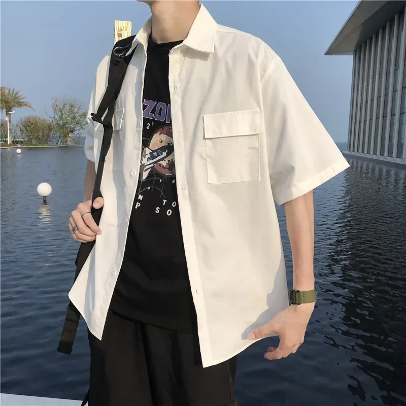 

Summer Basic Shirts for Men New Half Sleeve Cargo Shirts Loose Casual Lapel Cardigan Tops Male Shirt Coats Retro Streetwear