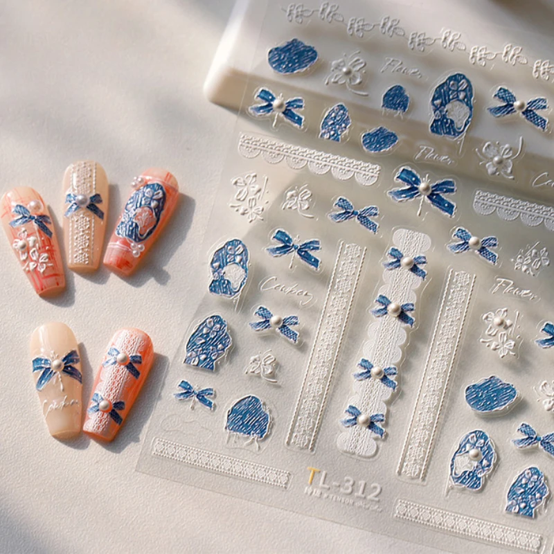 꽃 Bowknot 나비 레즈비언 레이스 Rockery 자갈 데님 색상 5D 양각 구호 접착제 네일 아트 스티커 매니큐어 데칼