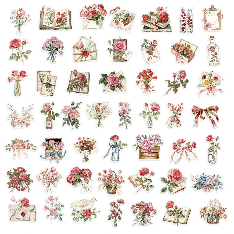 50 Literary Handbook Materials Flowers and Letters Sticker Pack Creative DIY Greeting Cards Water Cup Available for Wholesale