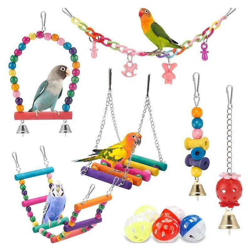 11pcs Bird Cage Toys For Parrots Wood Birds Swing Reliable Chewable Bite Bridge Wooden Beads Shape Parrot Toy Bird Toys New