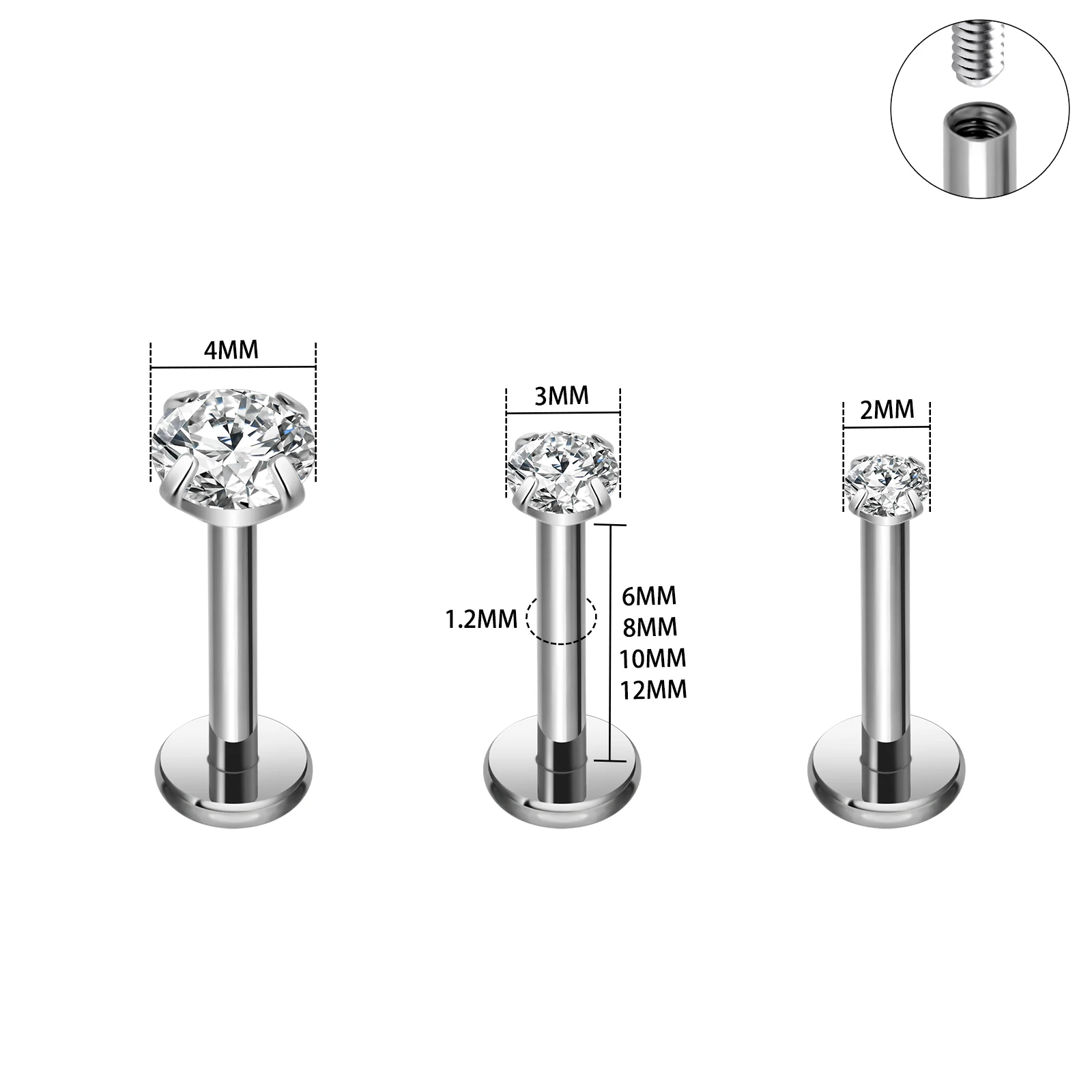 2pcs Titanium 16g Lip Labret Piercing Crystal Ball Monroe Lip Stud Helix Conch Tragus Cartilage Earrings 2/3/4mm CZ Body Jewelry