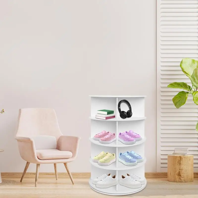 Corner Shoe Rack Tower Freestanding 4 Tier Round Sneaker Storage Rack 360 Degrees Revolving White Shoe Carousel Organizer For