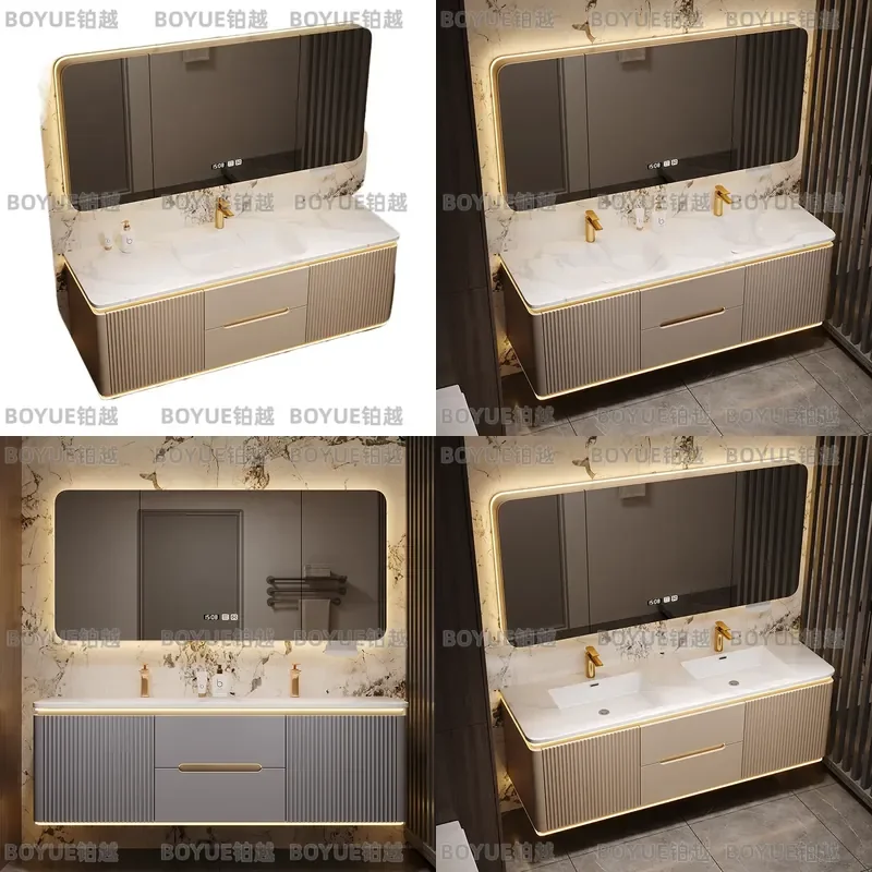 Modern Light Luxury Slate Double Sink Bathroom Vanity Solid Wood Washbasin Cabinet Integrated Hot Bending Design for Home