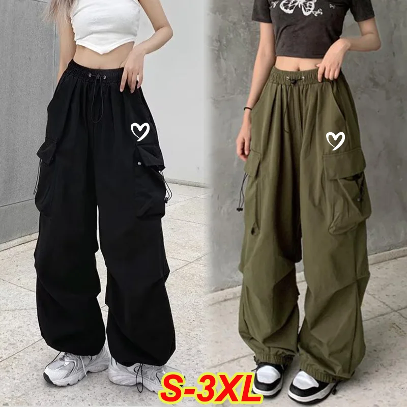 New Women's Heart printing Cargo Pants Pants Fashion Punk Pockets Jogger Trousers Harajuku Elastics High Waist Streetwear