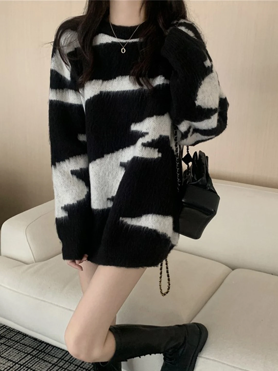 

Emily Clud Recommended Lazy Sle Zebra Print Loose Women's Knitwear Autumn Winter Outerwear Casual High Waist Regular Sve